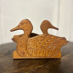 Vintage Hand-Carved Wooden Duck Napkin Holder in Warm Brown, Cottagecore Accent